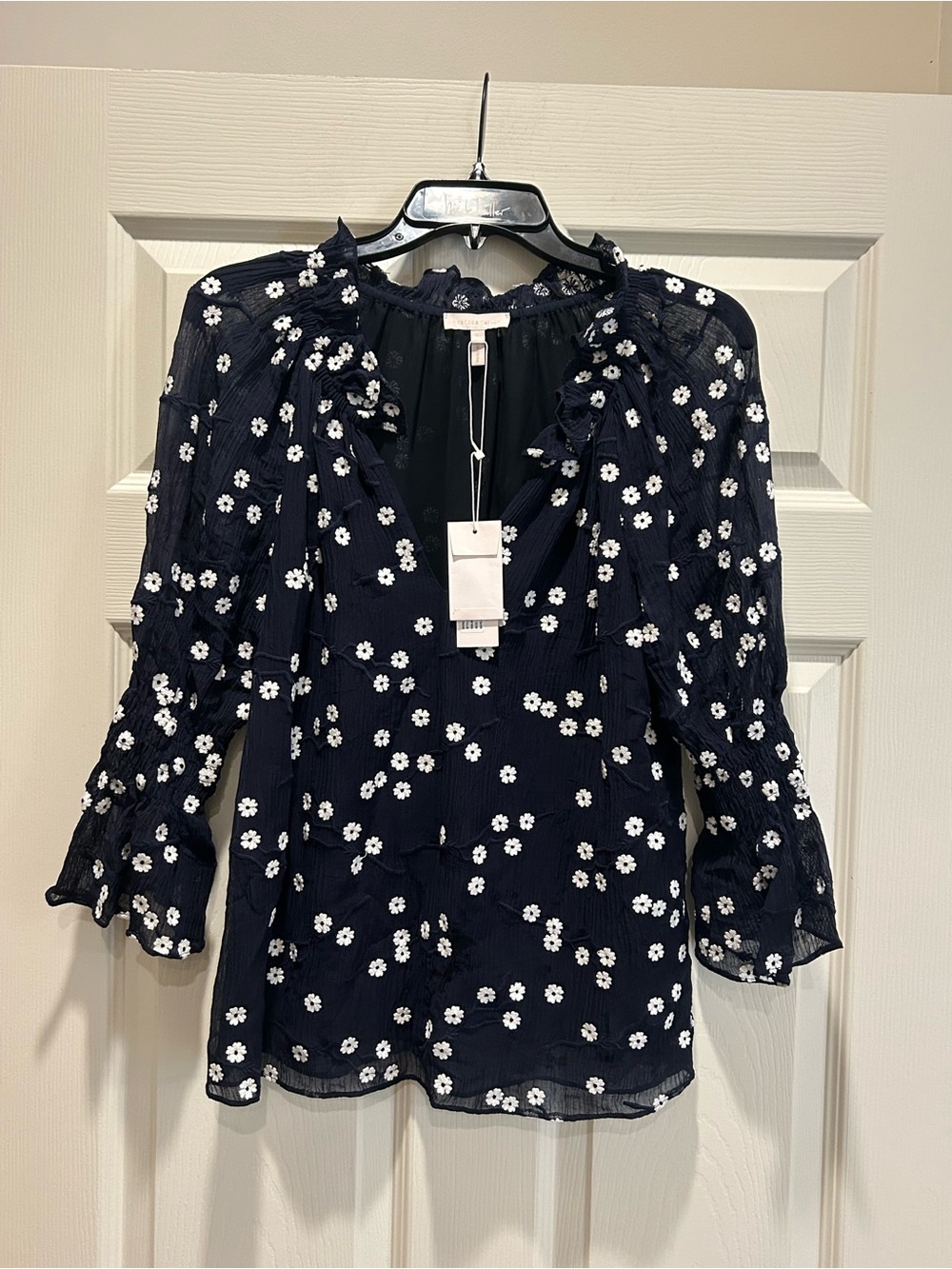 Rebecca Taylor Alessandra Navy Floral Ruffle Blouse